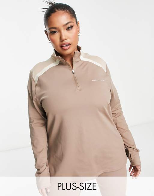 Pink Soda Plus - Top met 1/4 rits en lange mouwen in taupe