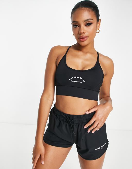 Pink Soda rib insert medium support sports bra in black