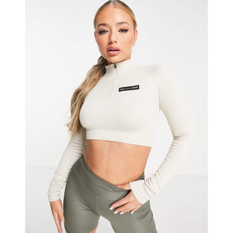 Pink Soda ribbed seamless 1 4 zip crop top in white