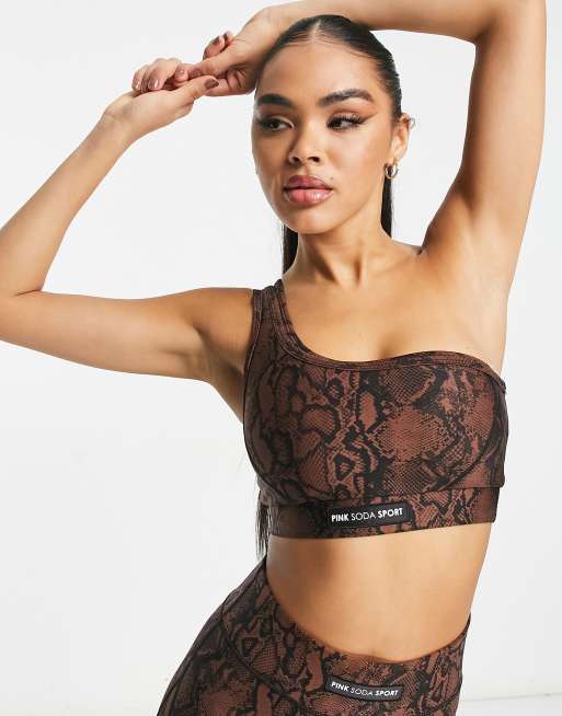 Pink Soda Sport Adder polyester blend asymmetric bra with snake print in brown 