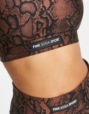 Pink Soda Sport Adder Polyester Blend Asymmetric Bra With Snake Print In Brown