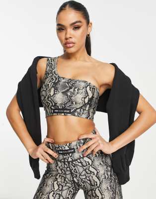Pink Soda Sport Adder Polyester Blend Asymmetric Bra With Snake Print In Neutral