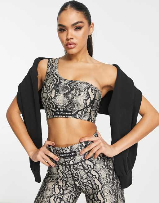 Pink Soda Sport Adder polyester blend asymmetric bra with snake print in stone 
