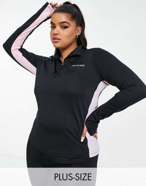 Plus Black Long Sleeve Zip Up Sports Top