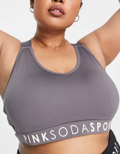 Pink Soda Sport Plus cross back logo sports bra in slate