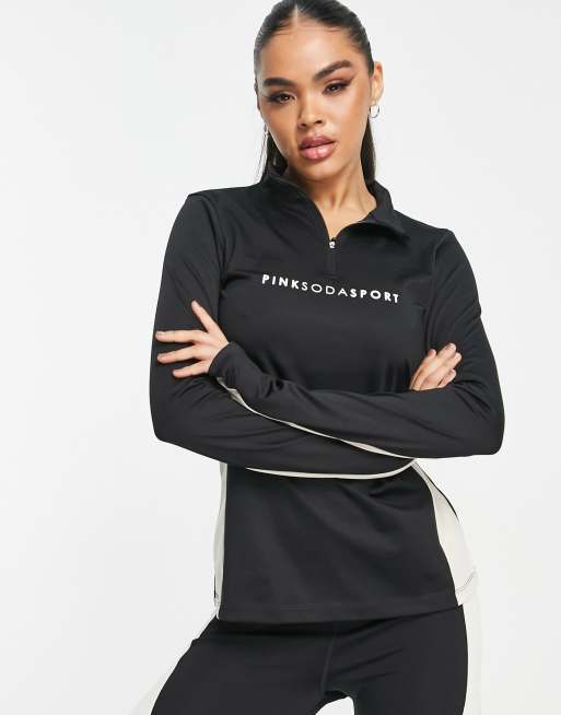 Pink Soda Sport Ventura polyester blend quarter zip top with panelling  detail in black