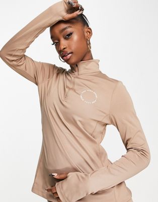 Pink Soda Sports 1/4 zip polyester long sleeve top in camel  - CAMEL