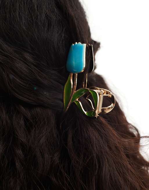 Pinza para el cabello azul con diseño de tulipán de Reclaimed Vintage
