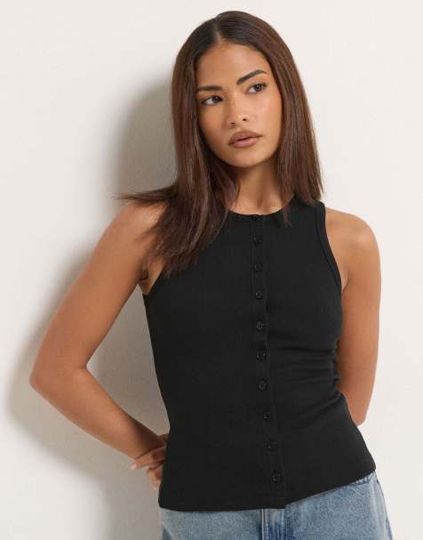 PixieGirl Petite 2 pack ribbed button vest top in black