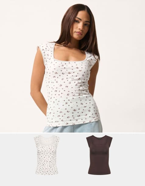 PixieGirl Petite 2 pack spot vest top in brown - view 1