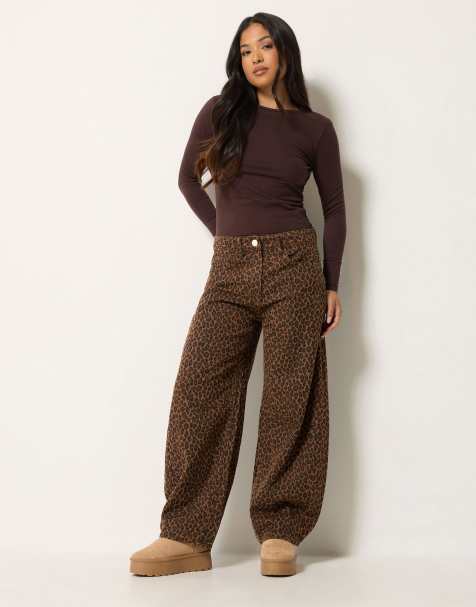 PixieGirl Petite animal print wide leg jeans in brown - view 1