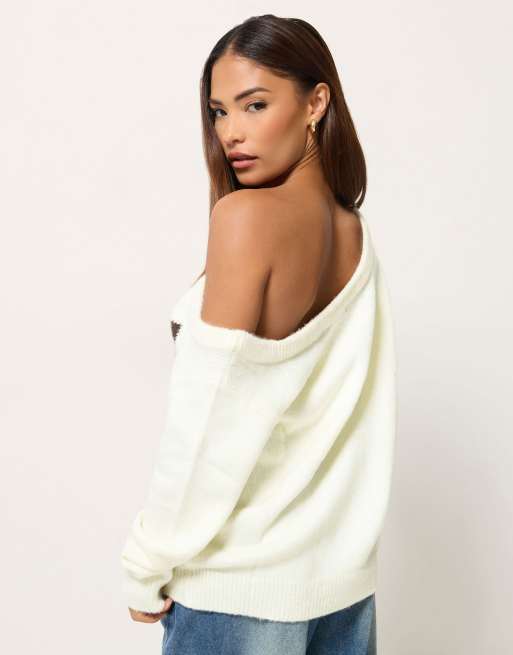 PixieGirl Petite argyle slouch jumper in white, 3 of 4