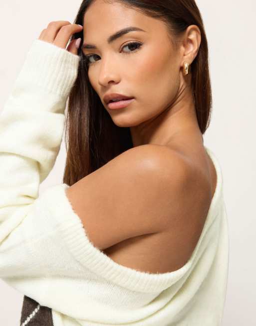 PixieGirl Petite argyle slouch jumper in white, 4 of 4