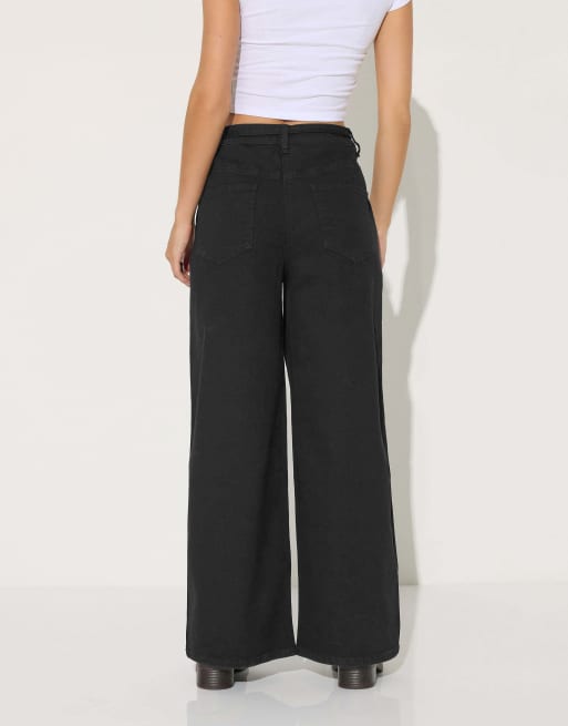 PixieGirl Petite belt tie wide leg jeans in black, 3 of 4