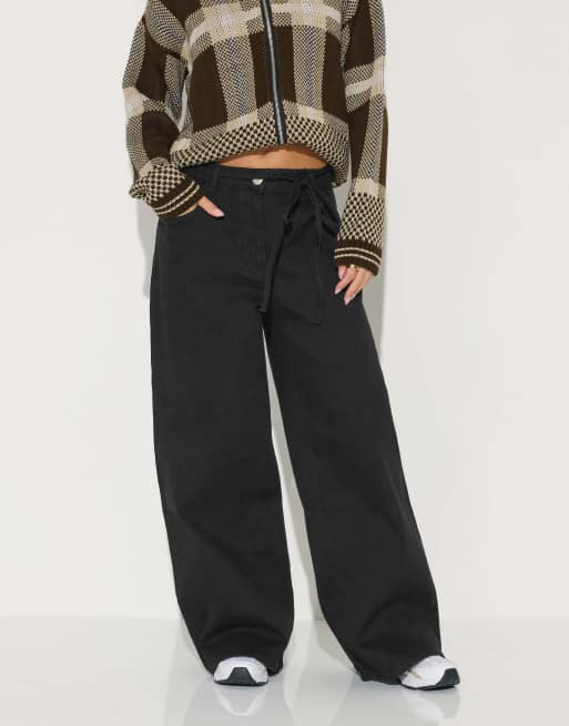 PixieGirl Petite belt tie wide leg jeans in black, 4 of 4