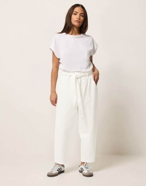 PixieGirl Petite belted barrel jeans in white - view 1