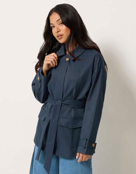 PixieGirl Petite belted midi trench coat in blue - view 1