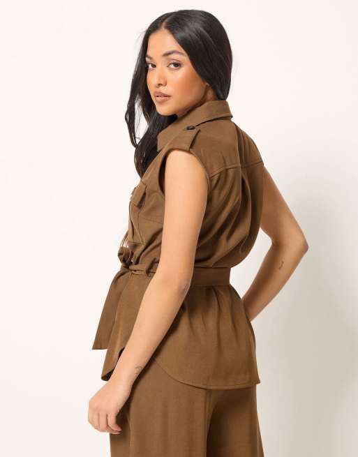 PixieGirl Petite belted utility shirt in brown, 2 of 4