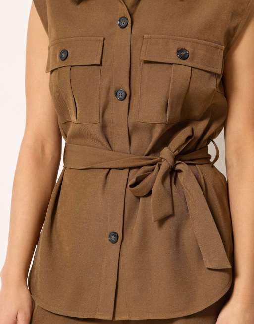 PixieGirl Petite belted utility shirt in brown, 3 of 4