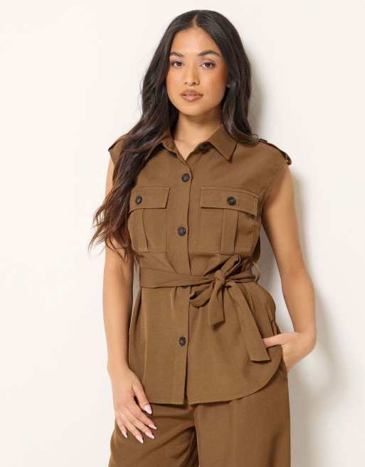 PixieGirl Petite belted utility shirt in brown, 4 of 4