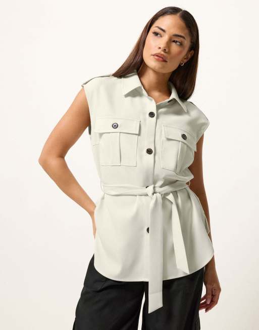 PixieGirl Petite belted utility shirt in ivory, 4 of 4