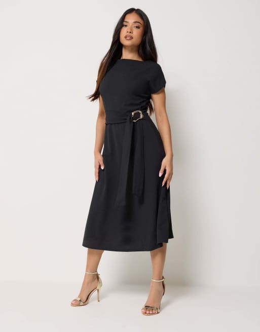 PixieGirl Petite buckle midi dress in black, 4 of 4