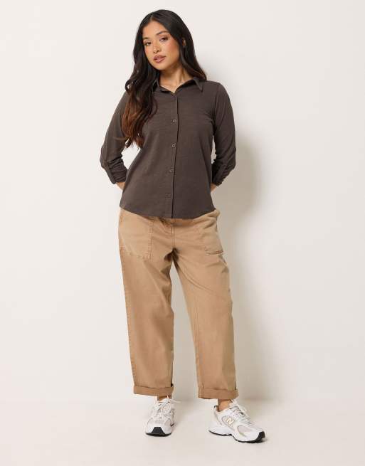 PixieGirl Petite button cotton shirt in brown, 2 of 4