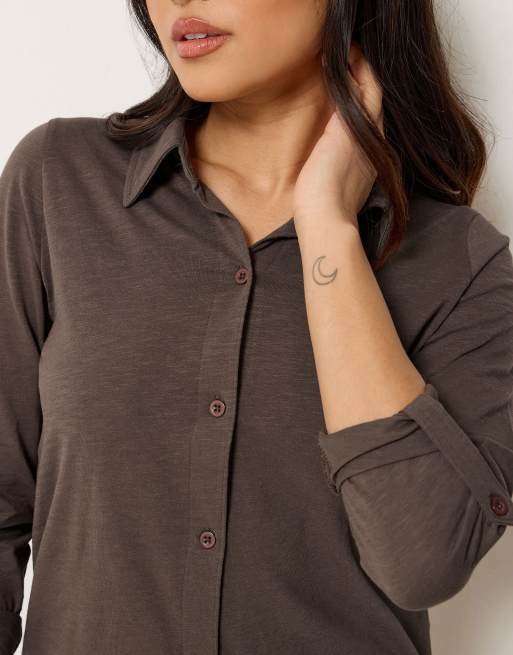 PixieGirl Petite button cotton shirt in brown, 4 of 4