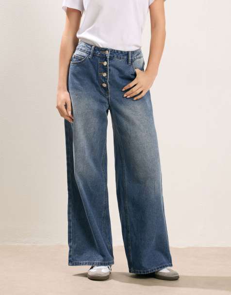 PixieGirl Petite button front wide leg jeans in blue - view 1