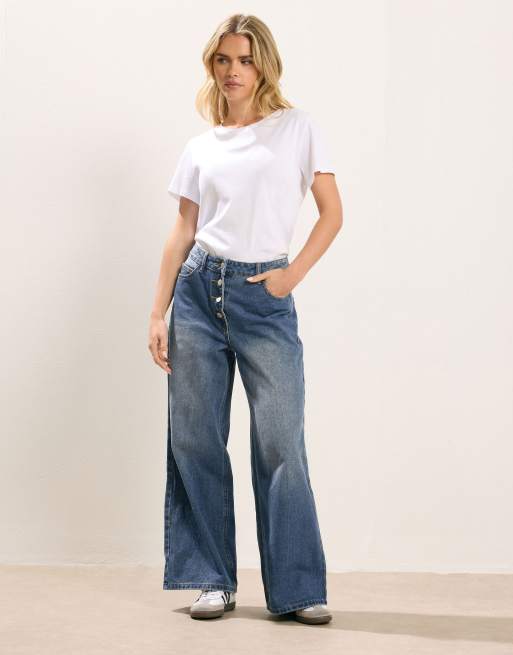 PixieGirl Petite button front wide leg jeans in blue, 2 of 4