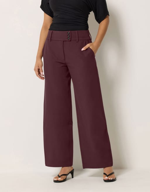 PixieGirl Petite button tab detail wide leg trousers in red, 2 of 4