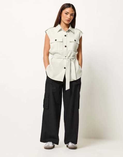 PixieGirl Petite cargo wide leg trousers in black