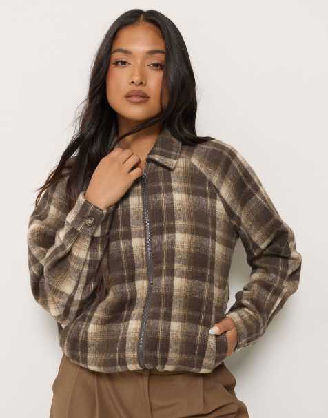 PixieGirl Petite check bomber jacket in brown - view 1