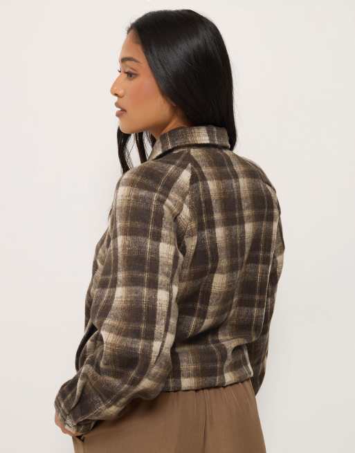 PixieGirl Petite check bomber jacket in brown, 3 of 4