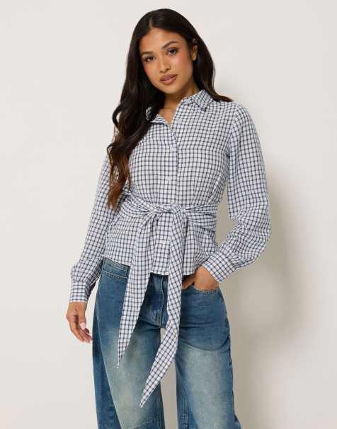 PixieGirl Petite check cotton bandana shirt in blue - view 1