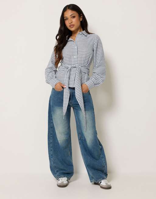 PixieGirl Petite check cotton bandana shirt in blue, 2 of 4