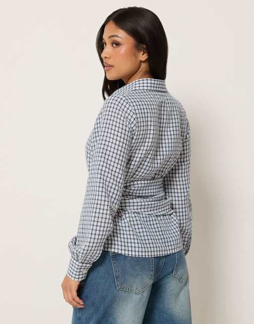 PixieGirl Petite check cotton bandana shirt in blue, 3 of 4