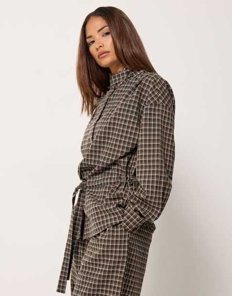 PixieGirl Petite check funnel neck jacket in brown - view 1