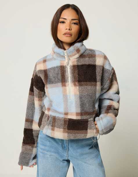 PixieGirl Petite check half zip fleece in blue - view 1