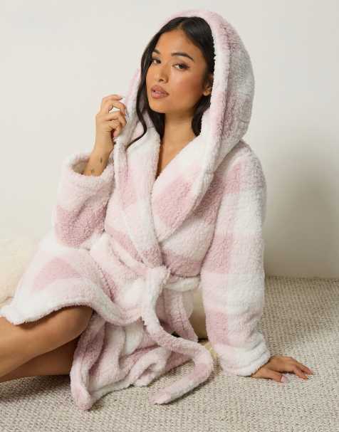 PixieGirl Petite check print hooded dressing gown in pink - view 1