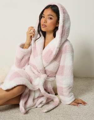 PixieGirl Petite check print hooded dressing gown in pink