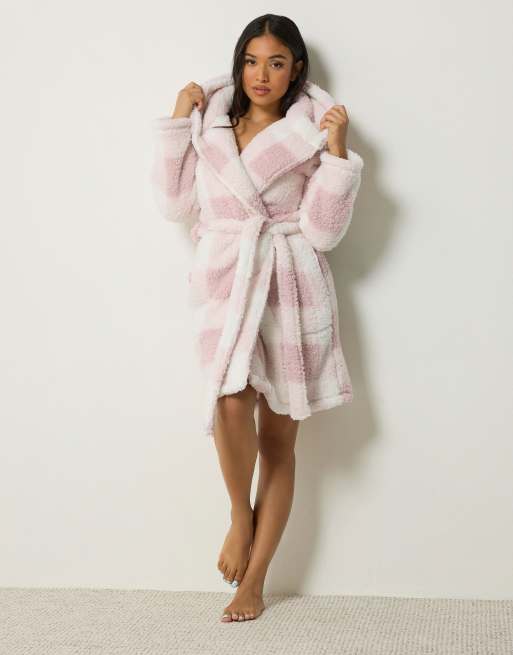 PixieGirl Petite check print hooded dressing gown in pink, 2 of 4