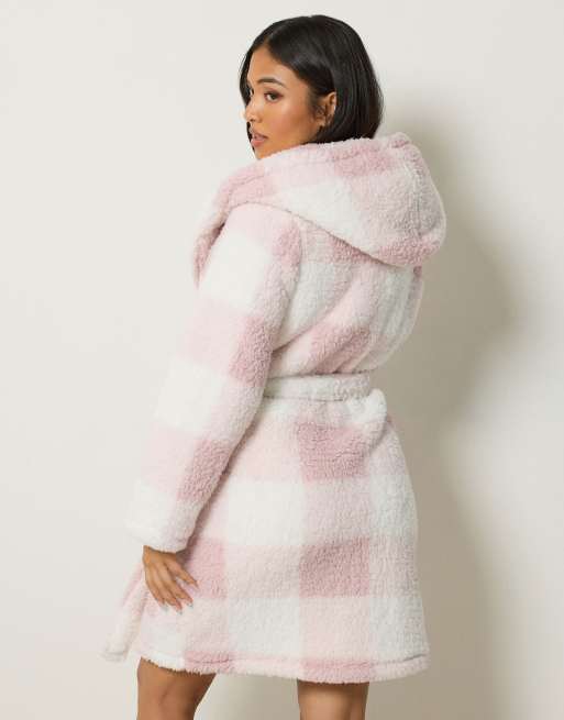 PixieGirl Petite check print hooded dressing gown in pink, 4 of 4