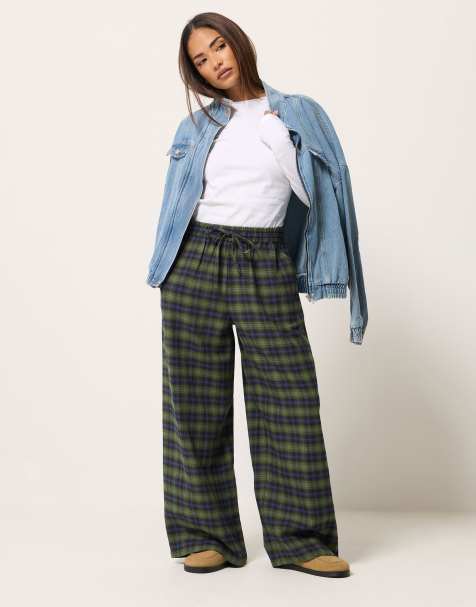 PixieGirl Petite check print wide leg trousers in green - view 1