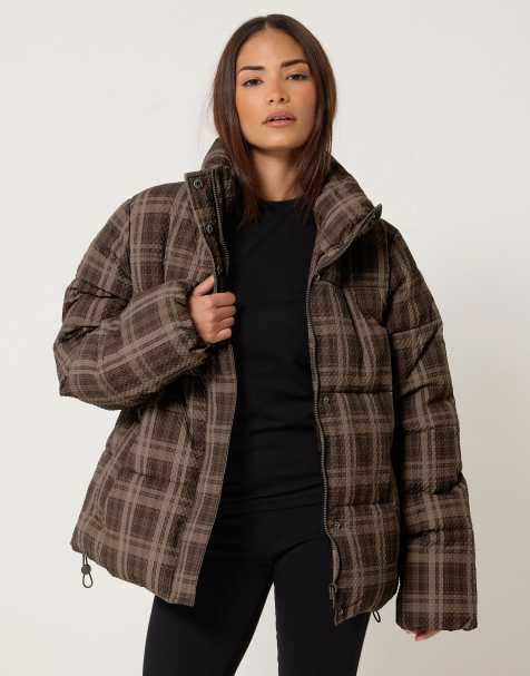 PixieGirl Petite check puffer coat in brown - view 1