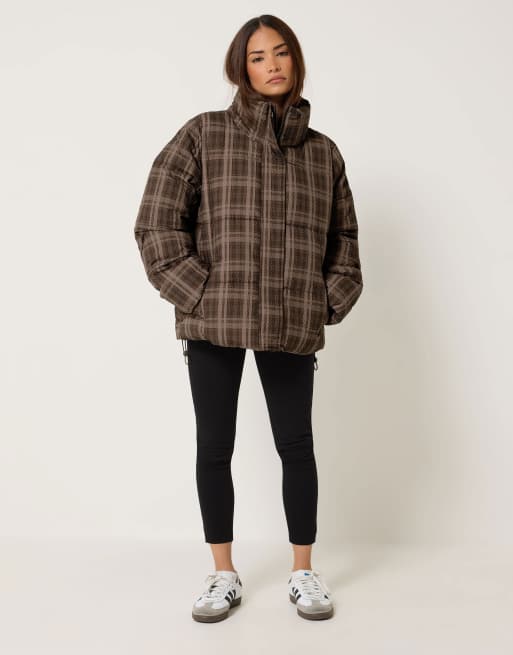 PixieGirl Petite check puffer coat in brown, 2 of 4