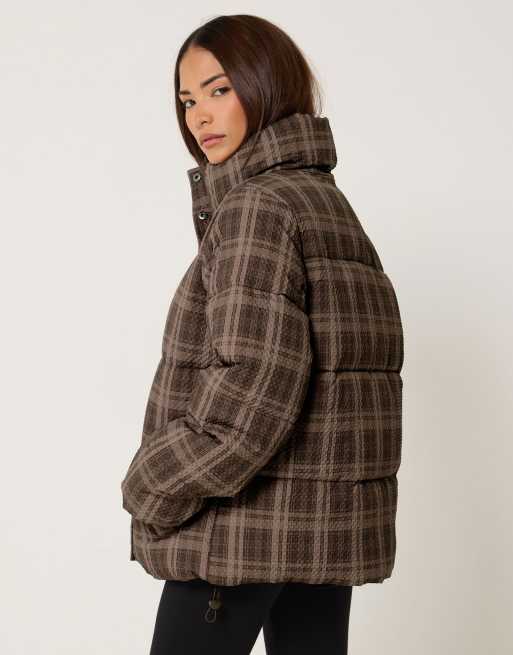 PixieGirl Petite check puffer coat in brown, 3 of 4