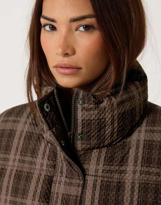 PixieGirl Petite check puffer coat in brown, 4 of 4