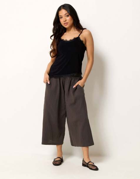 PixieGirl Petite cheesecloth cropped wide leg trousers in brown