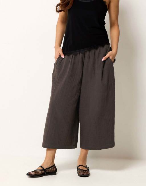 PixieGirl Petite cheesecloth cropped wide leg trousers in brown, 2 of 4